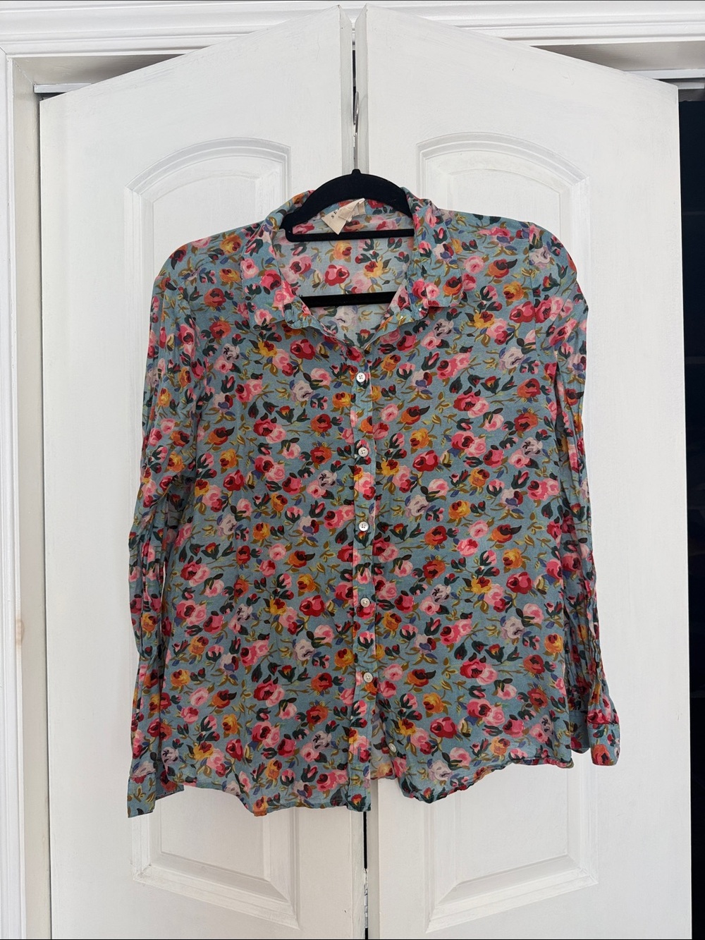 Sezane Blue Floral Button-Down Shirt with Pink & Yellow Blooms